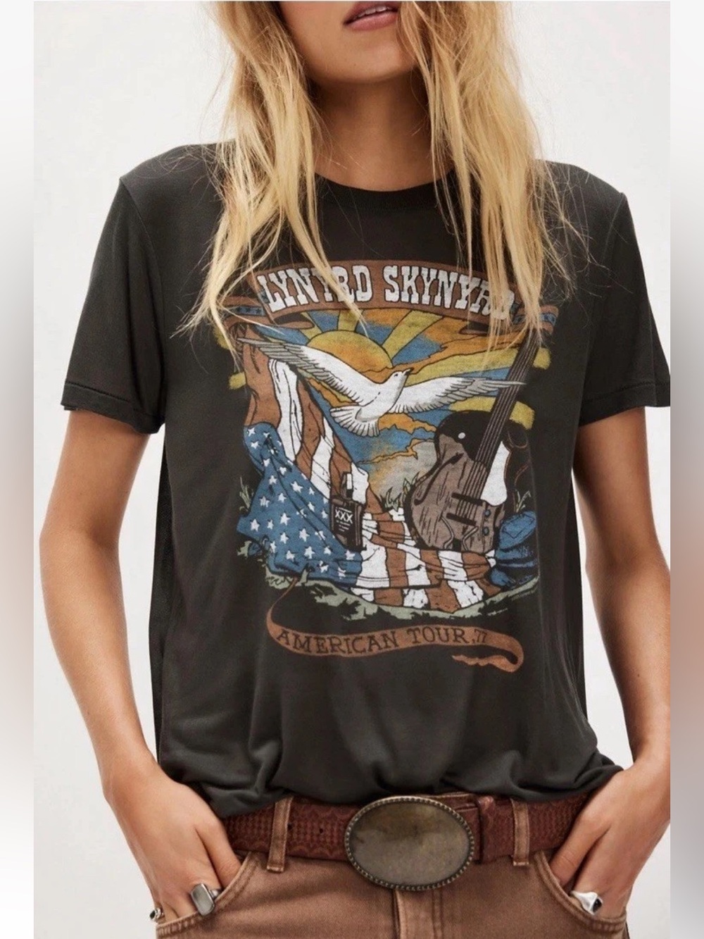 Free People Junk Food Lynyrd Skynyrd American Tour Vintage Black Tee NWT Size Sm